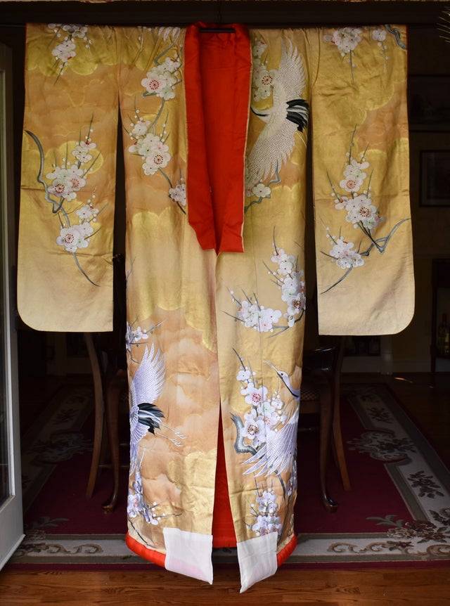 Japanese Gold with Red Lining Cranes Silk Uchikake Wedding Robe Kimono Gown