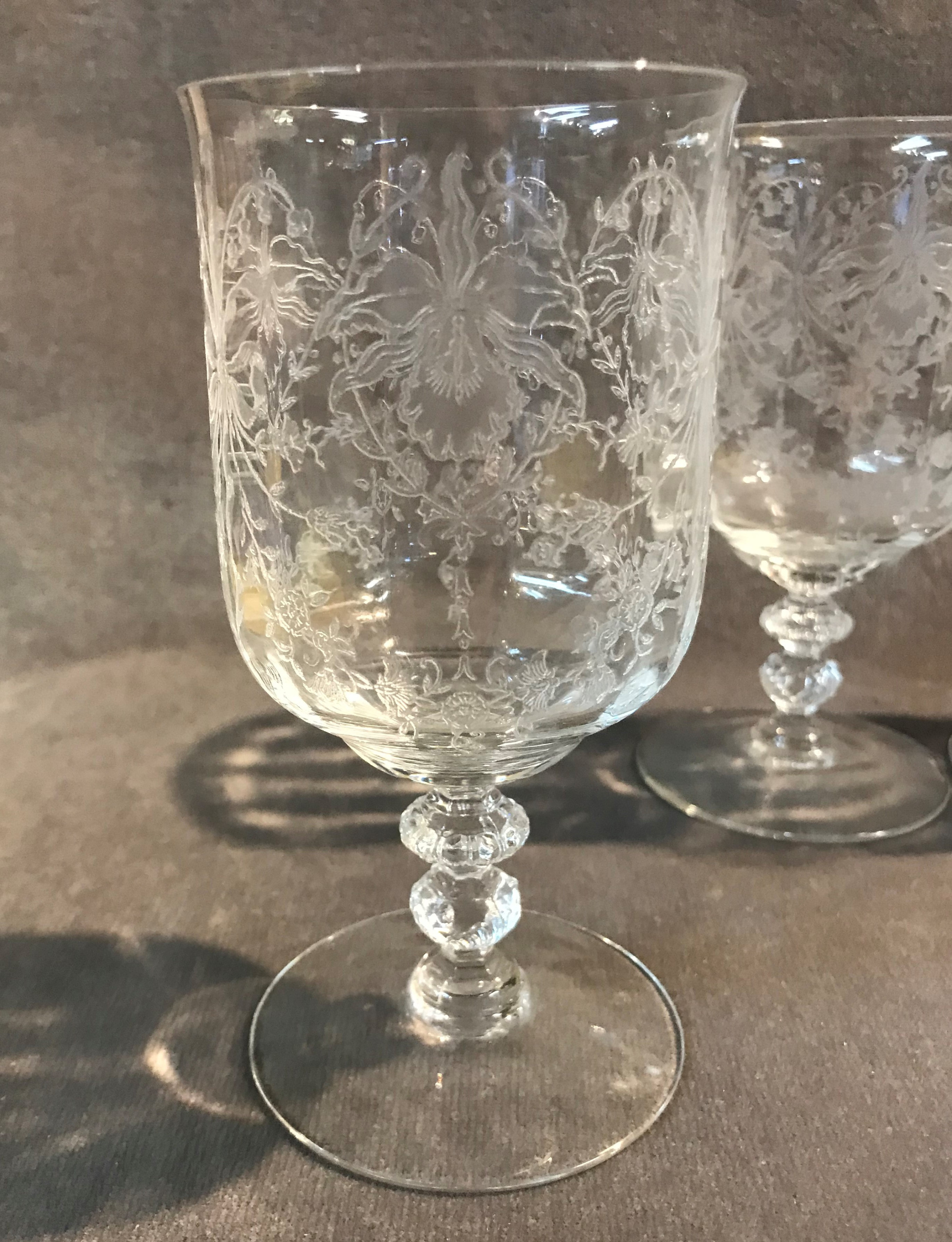 4 Vintage Etched Tall Wine Glasses ~ Water Goblets, Faceted Stem Etched Wine  Glasses, Unique Etched Stem Wine Glasses, Wedding Glasses