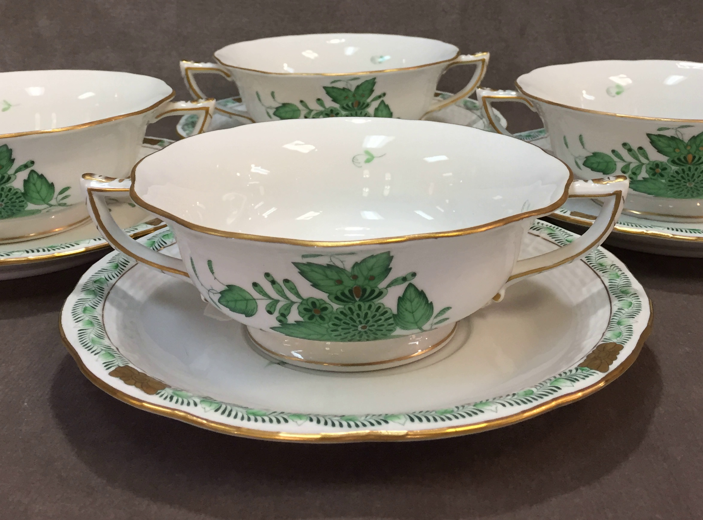 Herend #743 Green Chinese Bouquet Footed Cream Soup Cup & Saucer 
